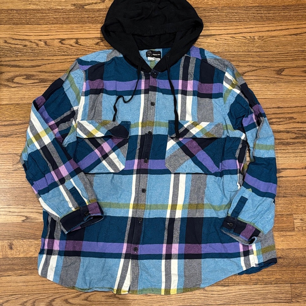Original Use Plaid Hooded Shirt Jacket in Blue, Yellow, Black